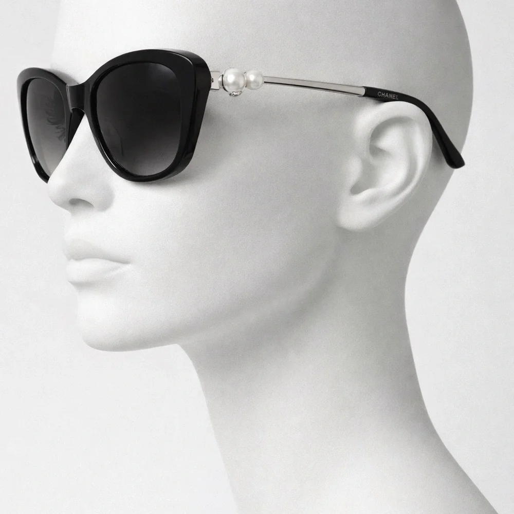 Chanel Black Square Sunglasses with Pearl Detail